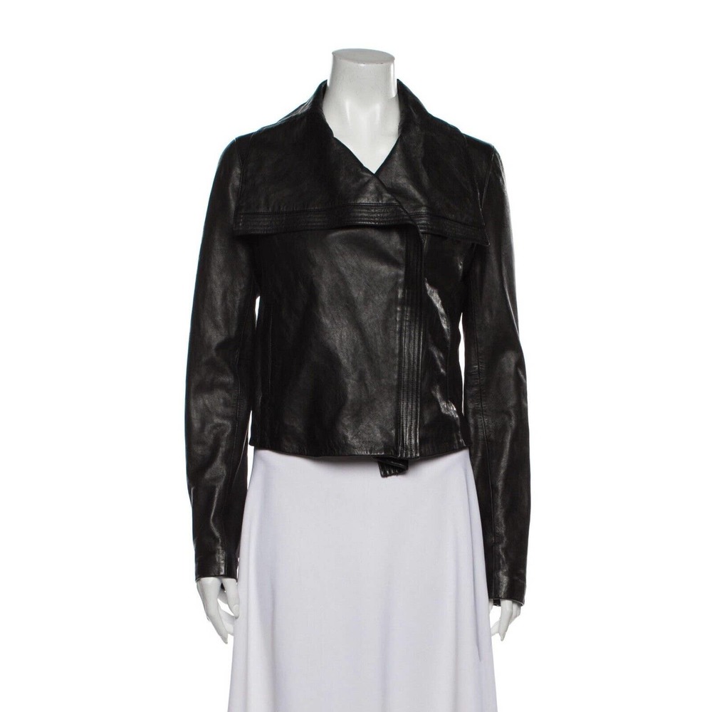 Vince Women Black‎ Leather Cross Front Moto Biker Jacket Size Medium